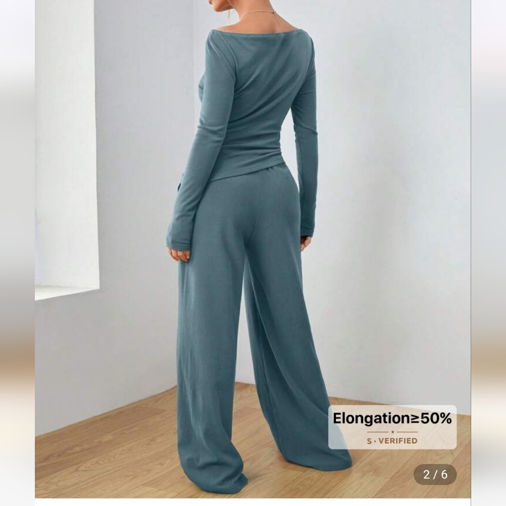Teal Long Sleeve Top and Wide-Leg Pants Set - Picture 3 of 9